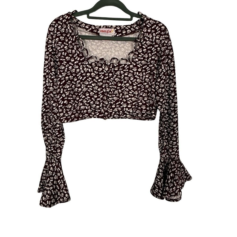 Energie Maroon Plum Floral Boho Crop Top Long Bell Sleeve Cotton S